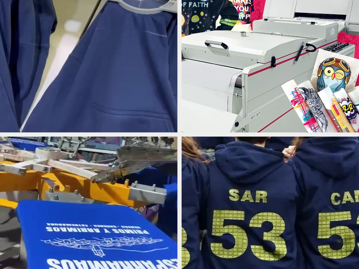 Comparativa visual de bordado, DTF, serigrafía y personalización variable en sudaderas