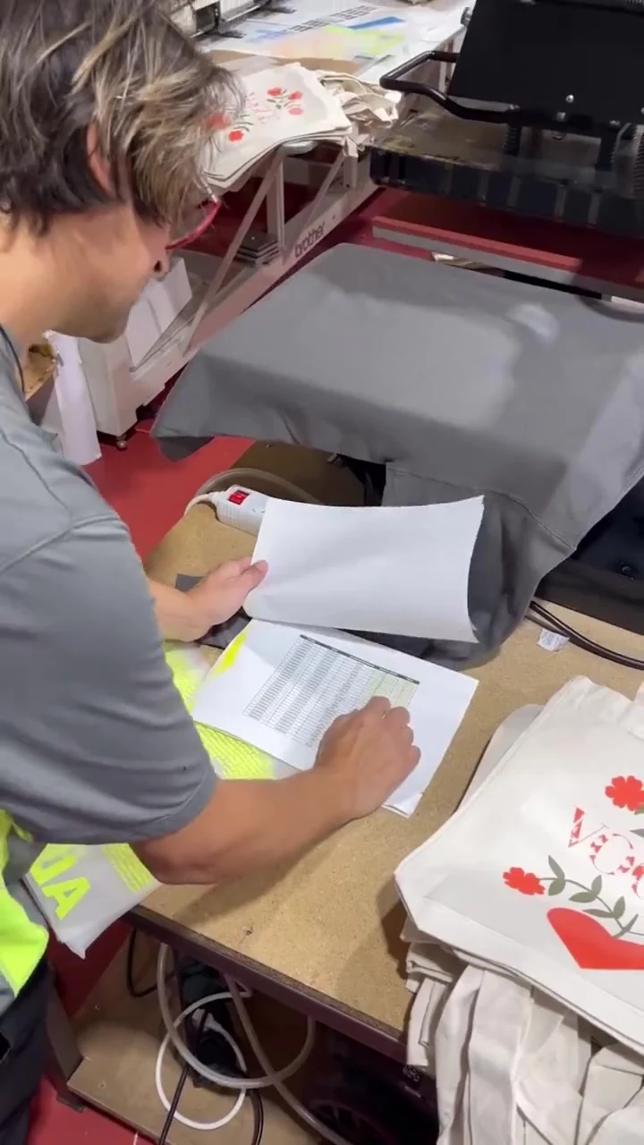 Operario de Kronix revisando el listado de un pedido junto a las prendas antes de producción